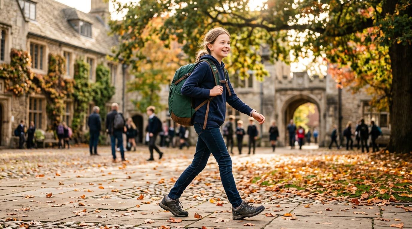 Fille avec sac à dos court dans cour historique automnale