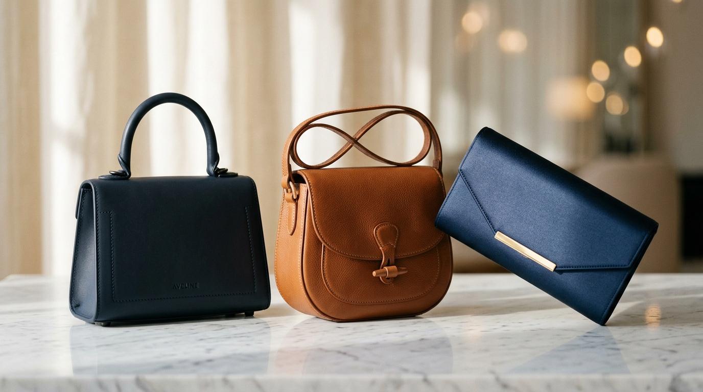 Trois sacs &agrave; main en cuir noir, marron et bleu marine