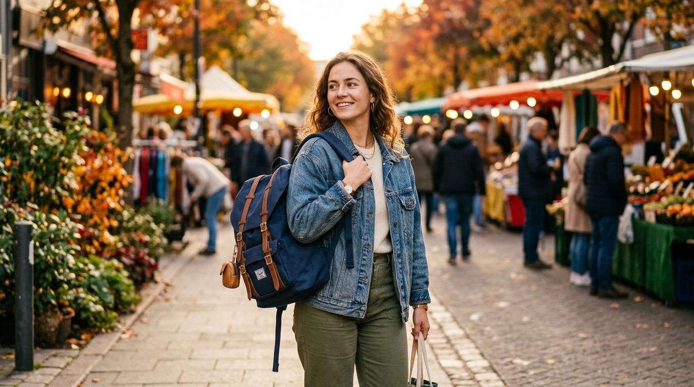Femme souriante au march&eacute; automnal avec feuilles dor&eacute;es