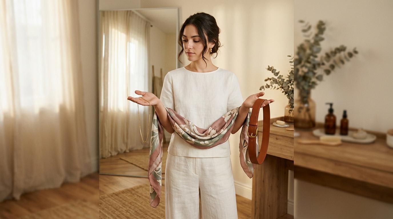 Femme en tenue blanche essayant scarf et ceinture