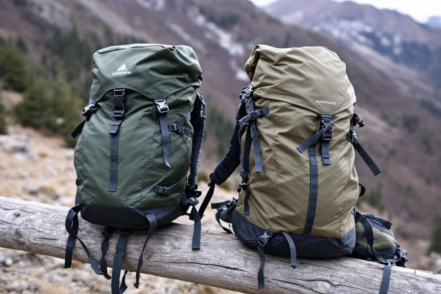 Deux sacs &agrave; dos verts pos&eacute;s sur un tronc d'arbre en montagne