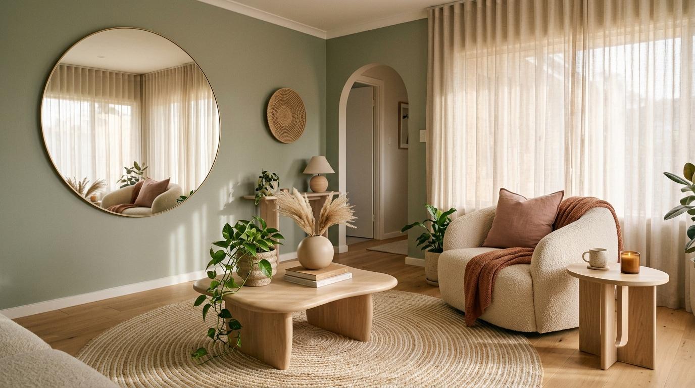 Salon contemporain avec murs verts, mobilier beige, miroir rond, plantes vertes