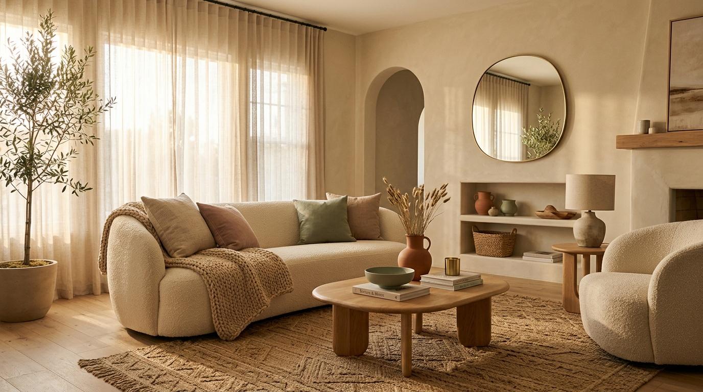 Salon moderne aux tons beige avec canap&eacute; courbe et mobilier bois.