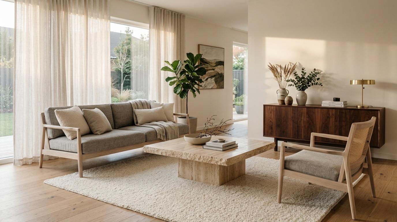 Salon contemporain avec canap&eacute; gris, fauteuil en bois et mobilier naturel
