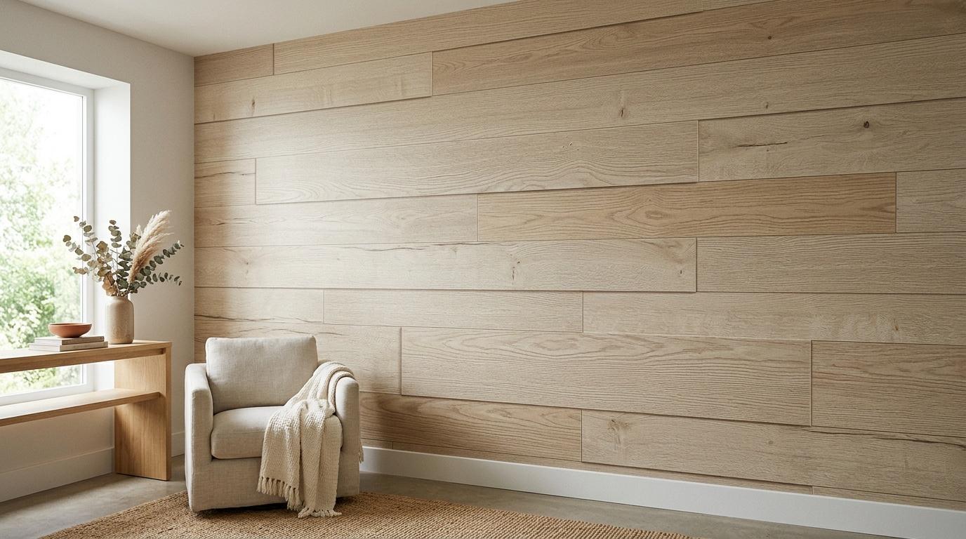 Pi&egrave;ce lumineuse avec fauteuil beige et rev&ecirc;tement bois horizontal
