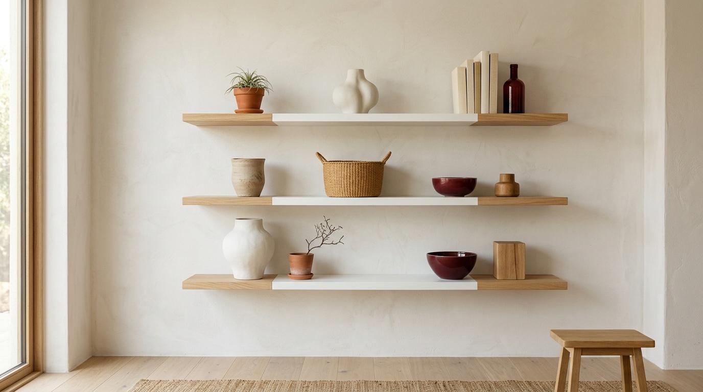 Trois &eacute;tag&egrave;res murales avec objets d&eacute;cor&eacute;s en bois et c&eacute;ramique