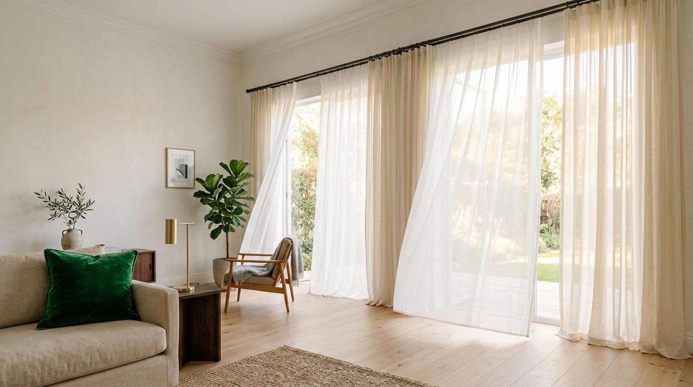 Salon moderne avec grandes baies vitr&eacute;es et rideaux blancs fluides
