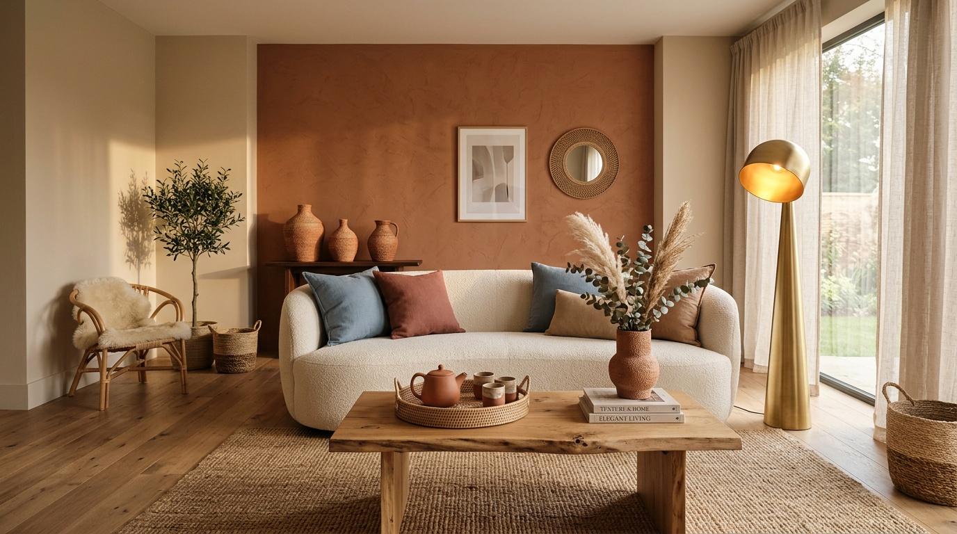 Salon contemporain avec canap&eacute; blanc et mur terracotta
