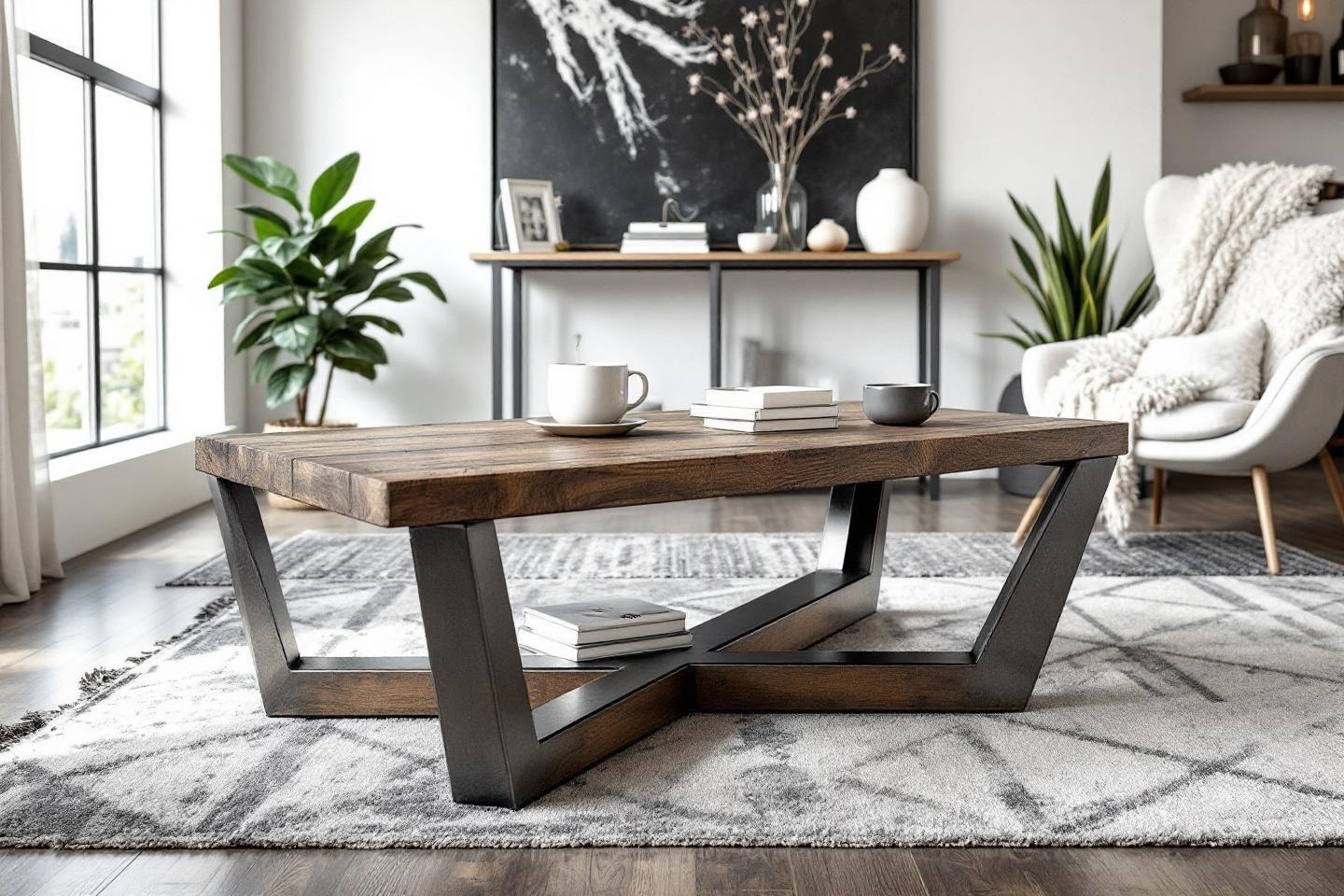 Table basse en bois et m&eacute;tal avec plantes et d&eacute;coration