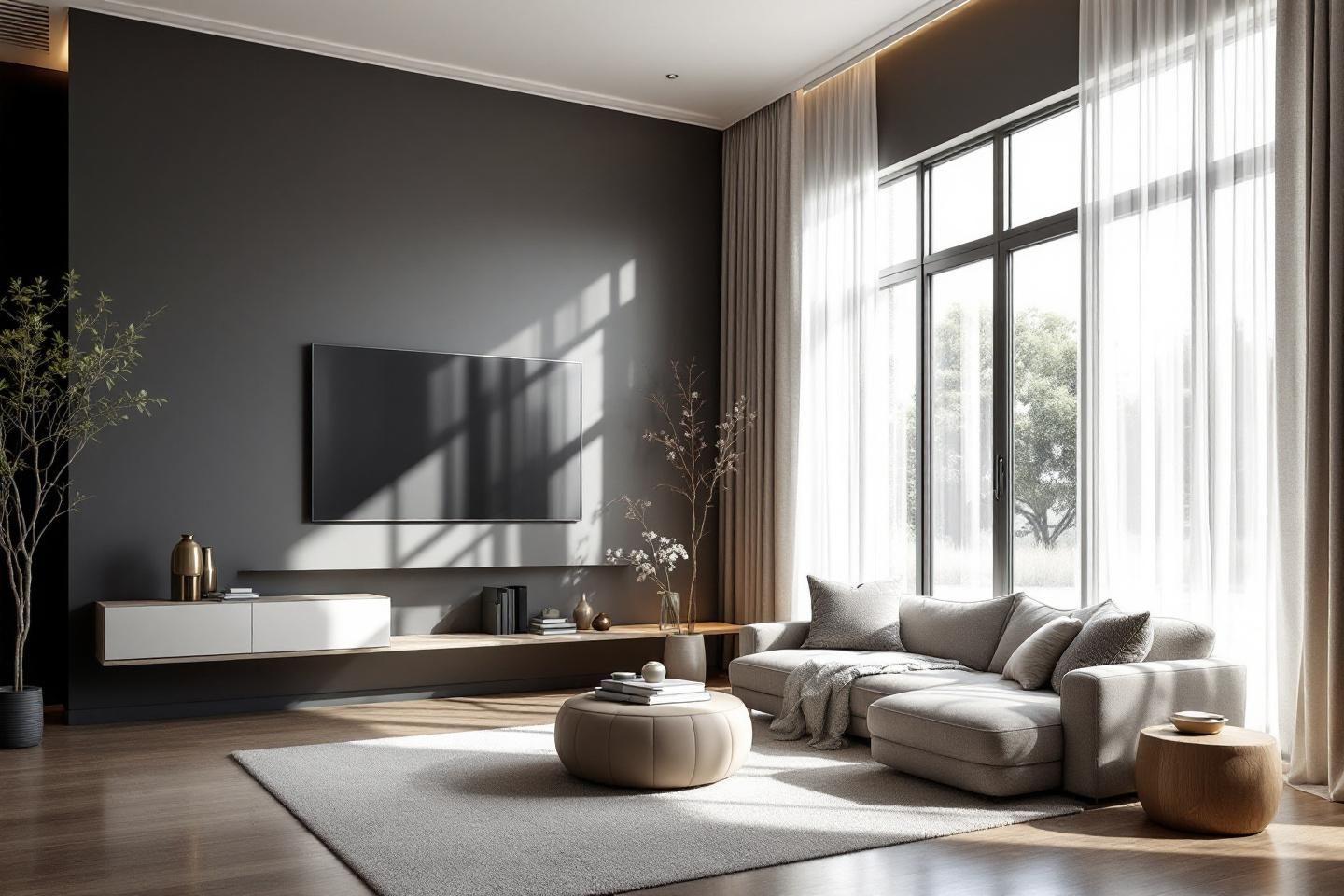 Int&eacute;rieur design minimaliste avec canap&eacute; et baie vitr&eacute;e lumineuse