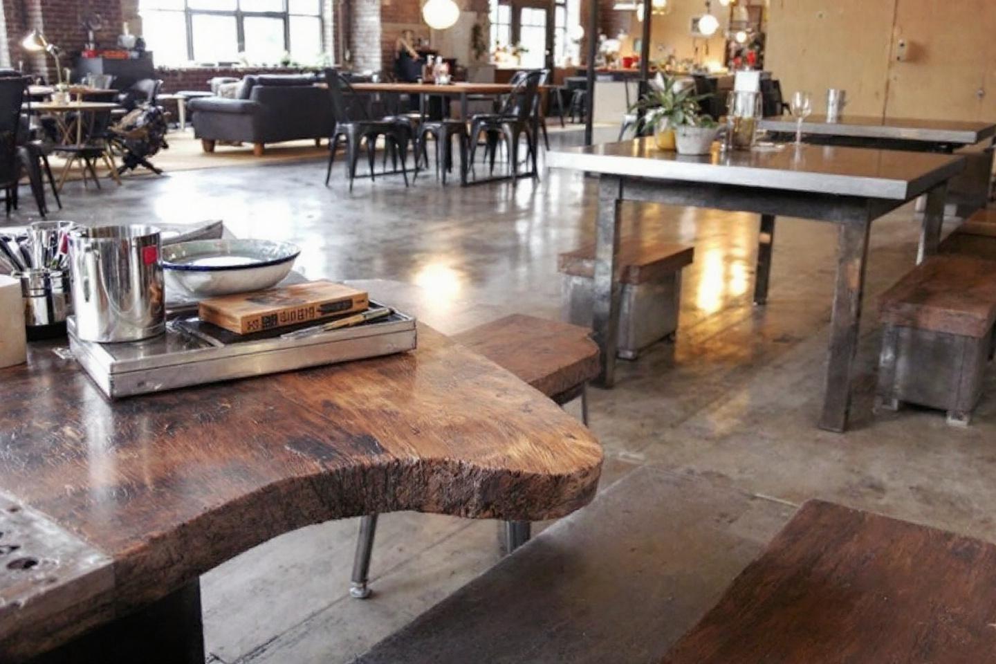 Int&eacute;rieur de caf&eacute; avec tables en bois massif et mobilier m&eacute;tallique