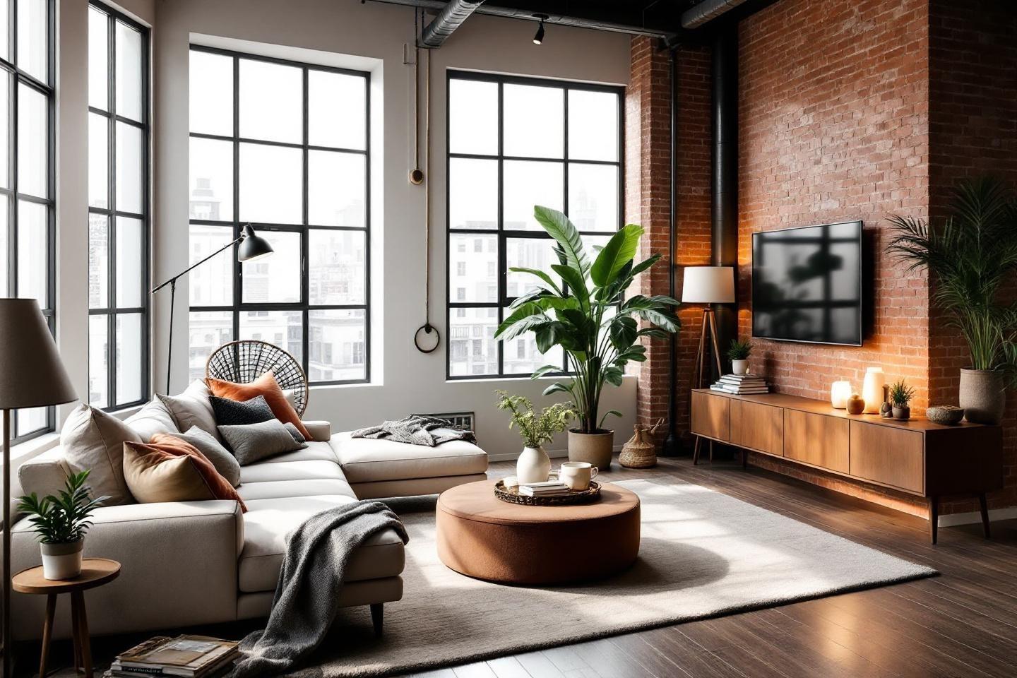 Int&eacute;rieur lumineux avec canap&eacute;, plantes et mur de briques rouges