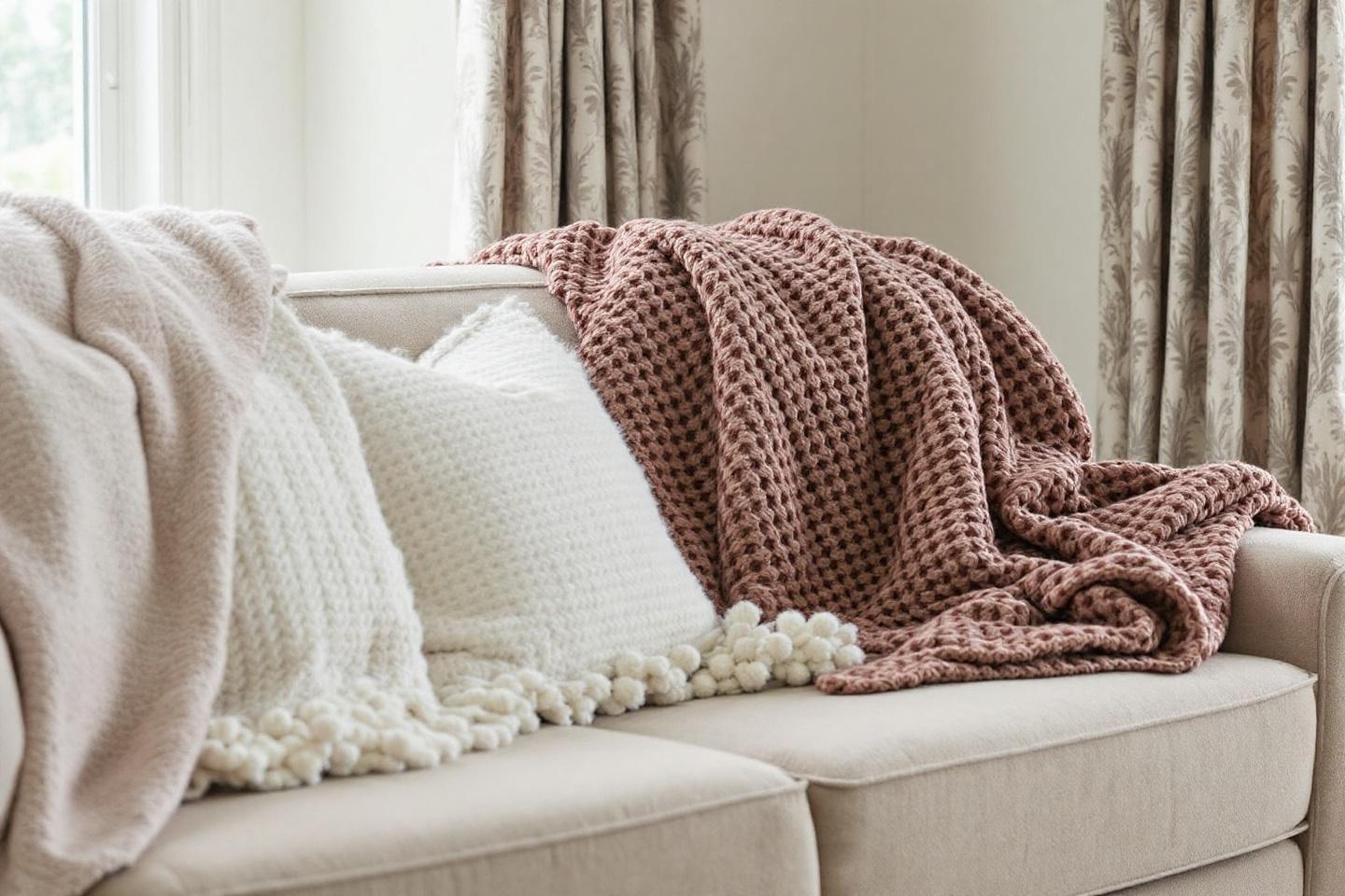 Couvertures blanches et rose sur un canap&eacute; beige confortable