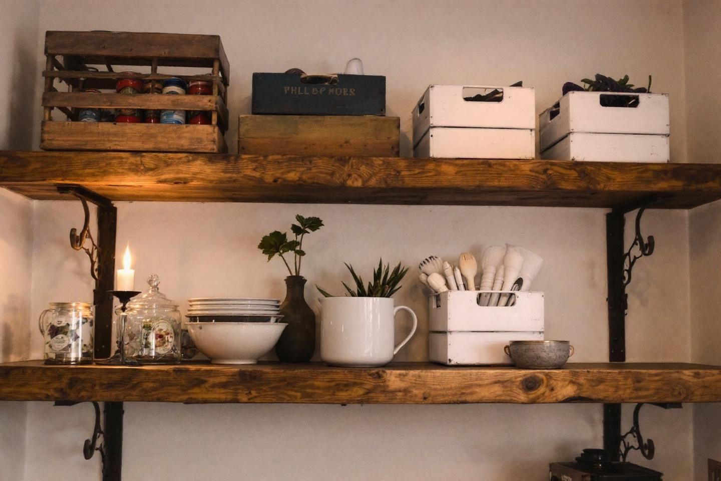 &Eacute;tag&egrave;res en bois avec bo&icirc;tes, plantes et objets de cuisine