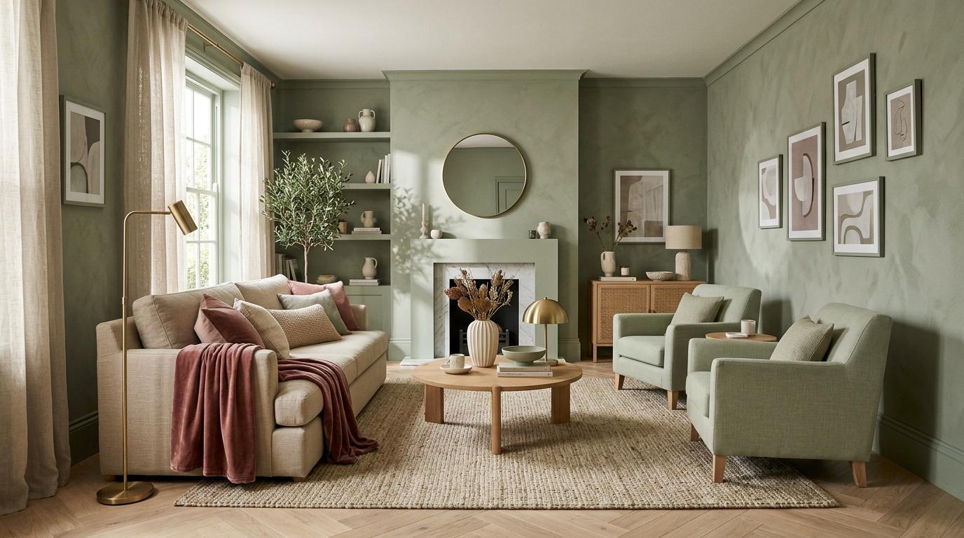 Salon moderne avec canap&eacute; beige, fauteuils verts, chemin&eacute;e blanche