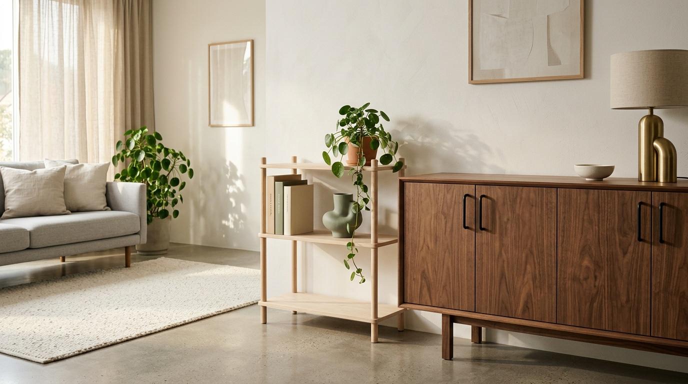 Int&eacute;rieur contemporain avec mobilier bois, plantes et tons neutres