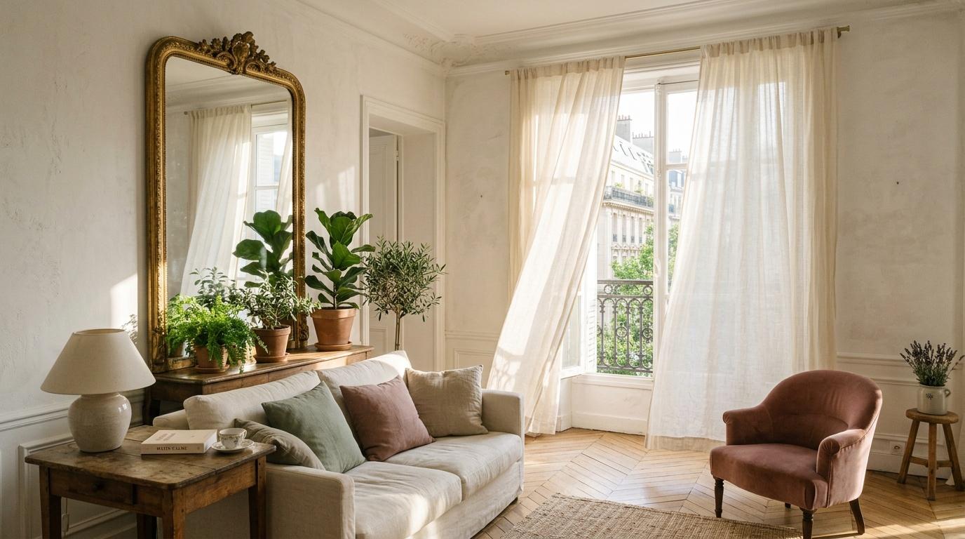 Salon classique avec canap&eacute; beige, miroir dor&eacute; et plantes vertes