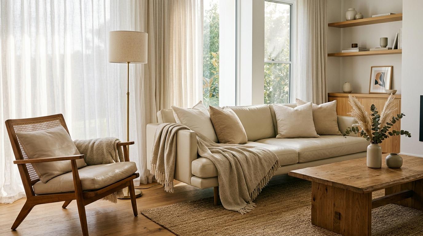 Salon lumineux avec canap&eacute; beige et fauteuil en bois