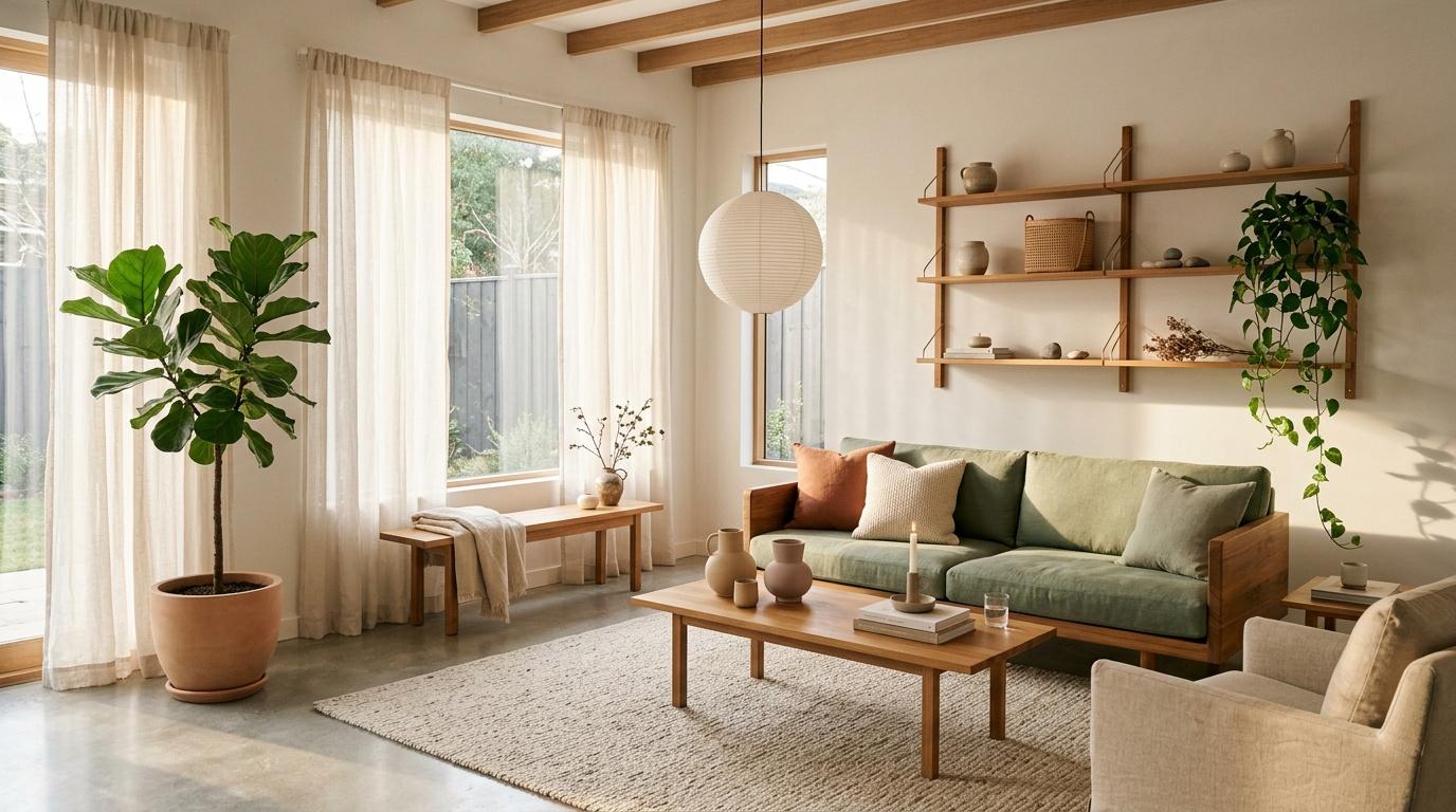 Salon contemporain avec mobilier bois, plantes vertes et lumi&egrave;re naturelle