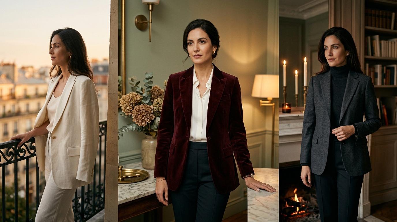 Trois femmes portant des blazers chics dans un int&eacute;rieur parisien.
