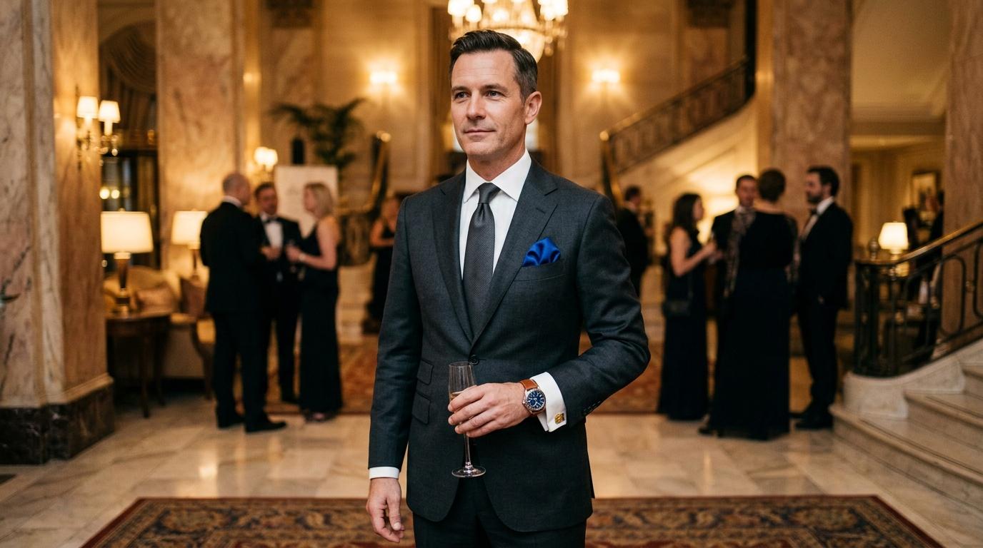 Homme en costume noir tenant un verre dans un hall prestigieux