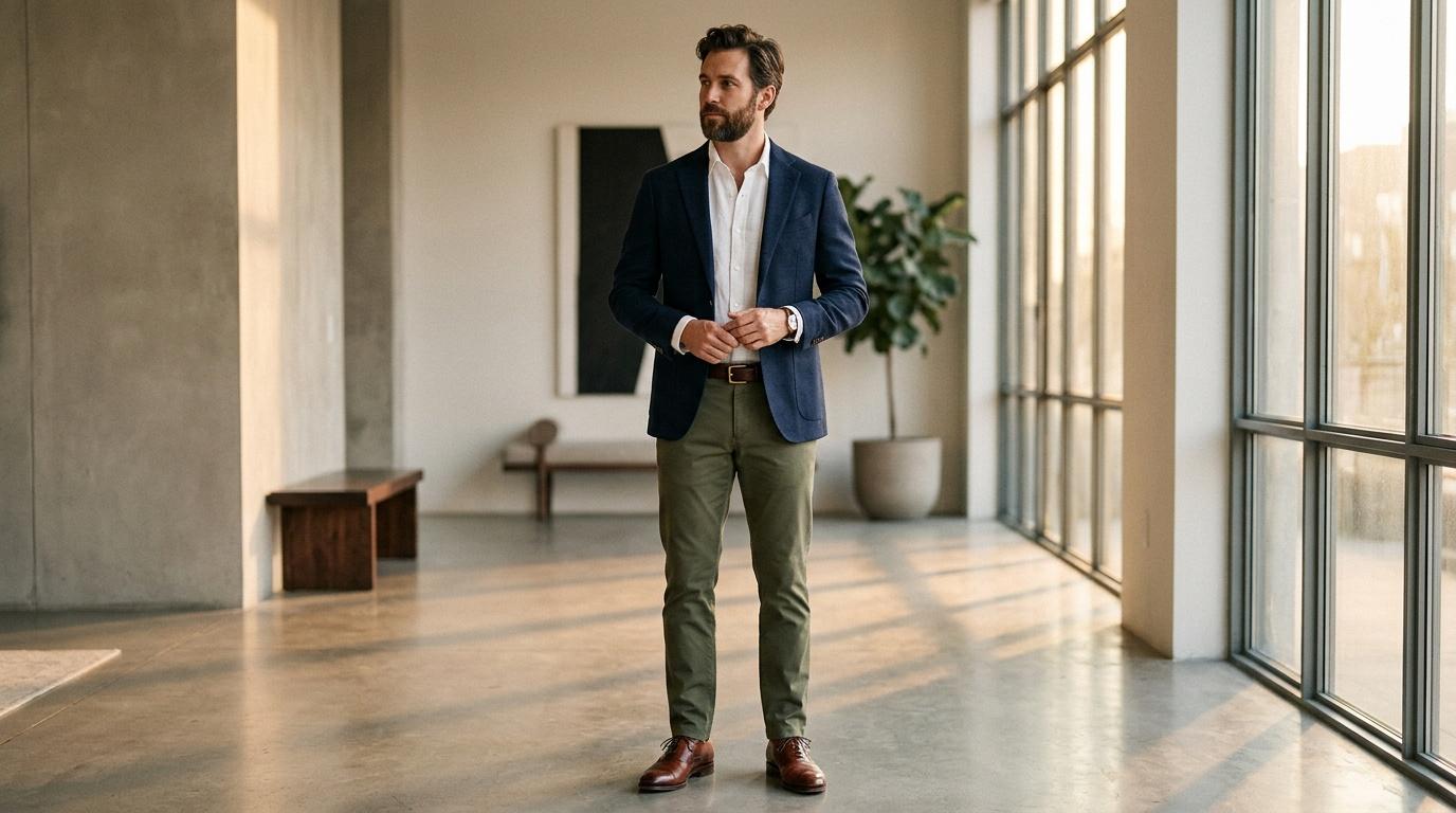 Homme barbu en blazer bleu et pantalon vert dans bureau moderne