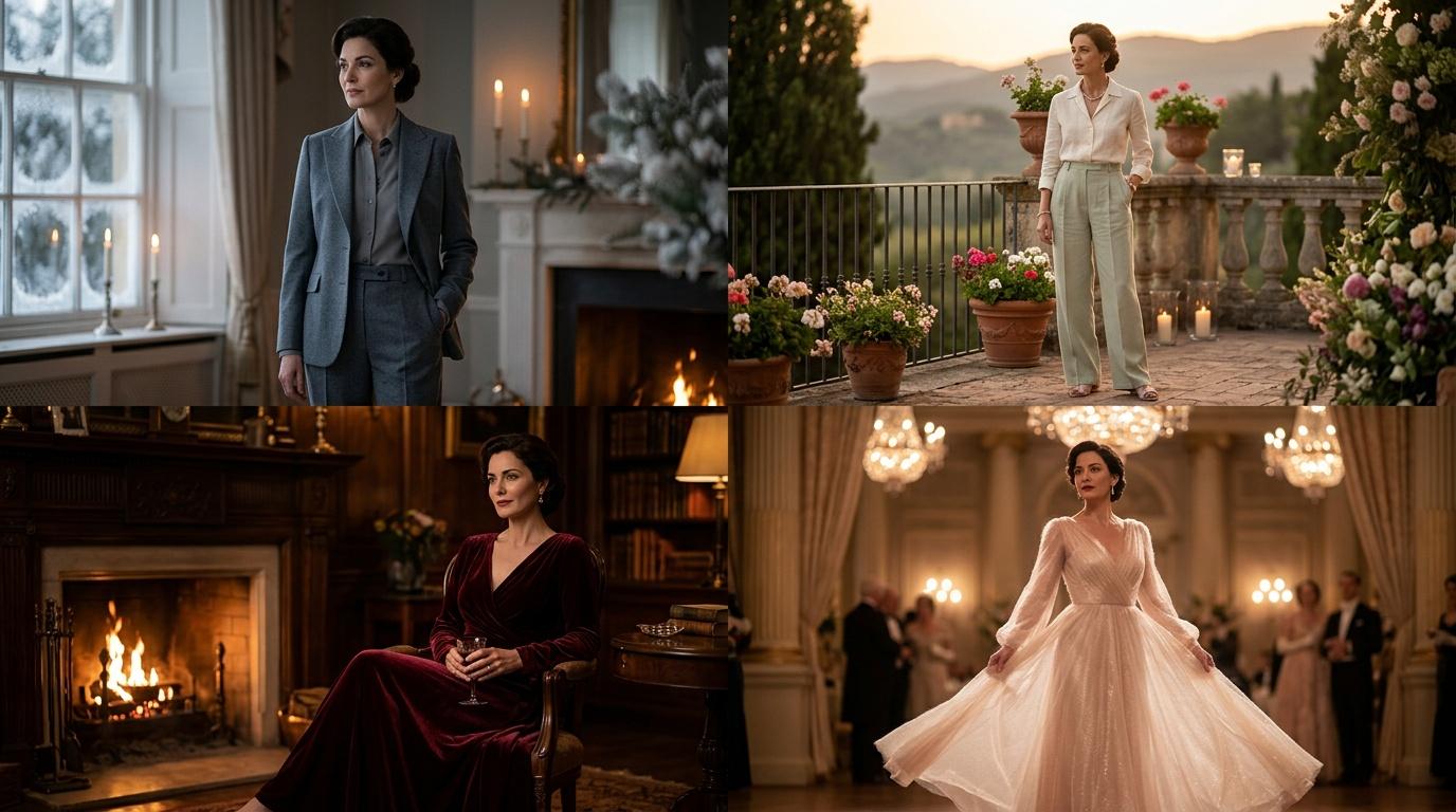 Femme en tenues &eacute;l&eacute;gantes dans int&eacute;rieurs luxueux et jardins italiens