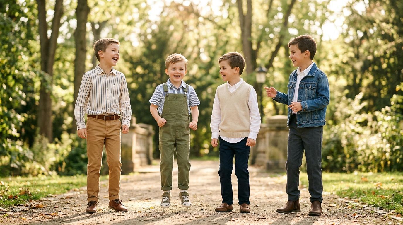 Quatre jeunes gar&ccedil;ons souriants marchent sur un chemin forestier.