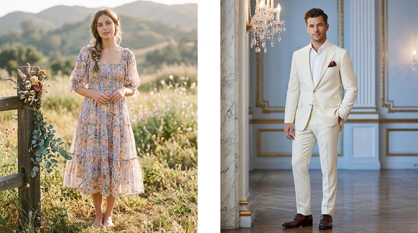 Femme en robe fleurie champ&ecirc;tre et homme en costume blanc &eacute;l&eacute;gant