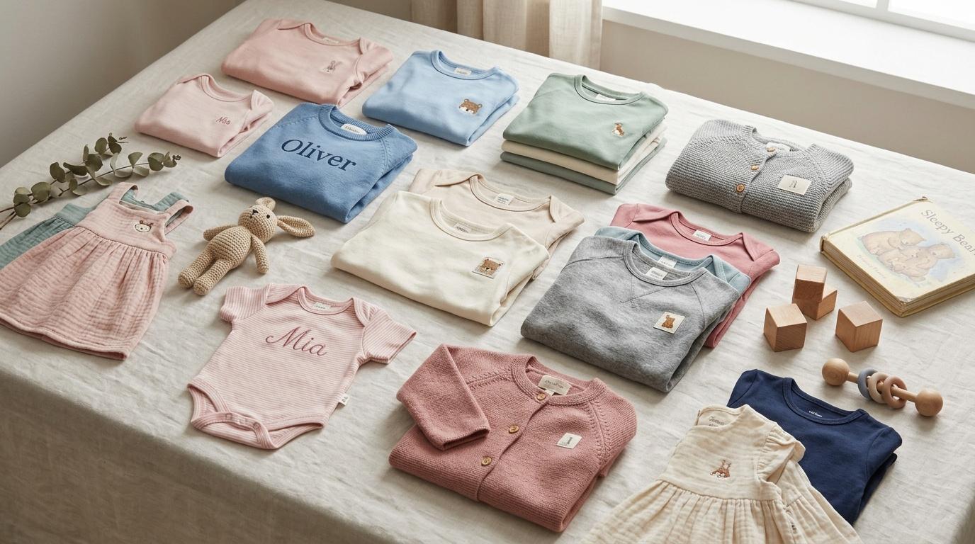 V&ecirc;tements b&eacute;b&eacute; color&eacute;s dispos&eacute;s sur table avec jouets