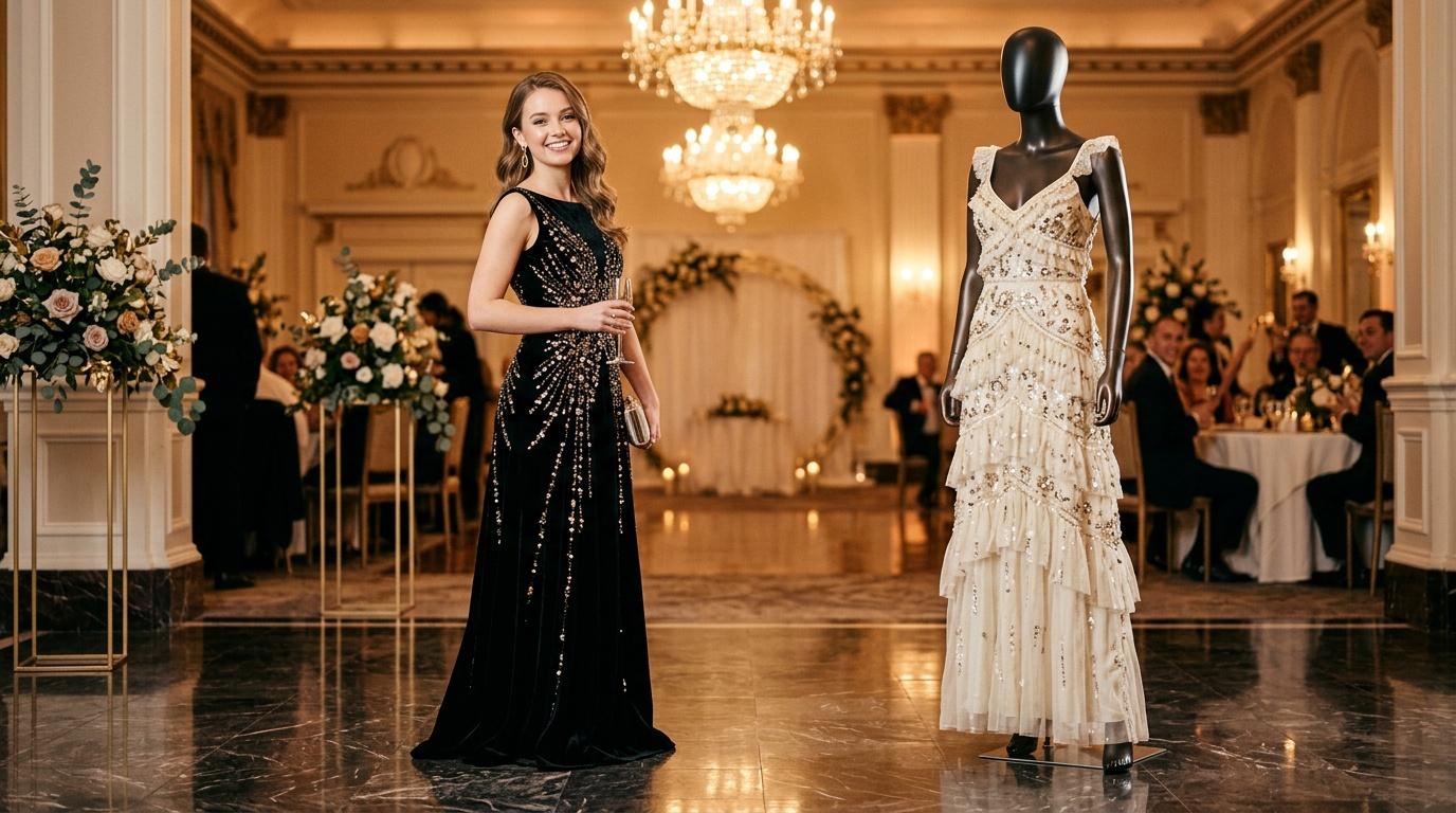 Femme en robe noire sequins pr&eacute;sente robe blanche &eacute;l&eacute;gante