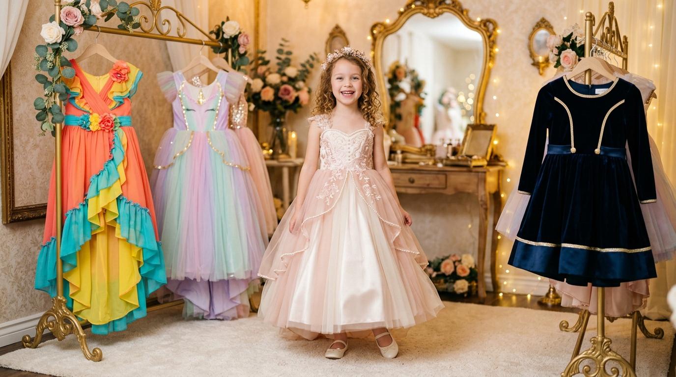 Jeune fille souriante portant robe rose entre mannequins de costumes
