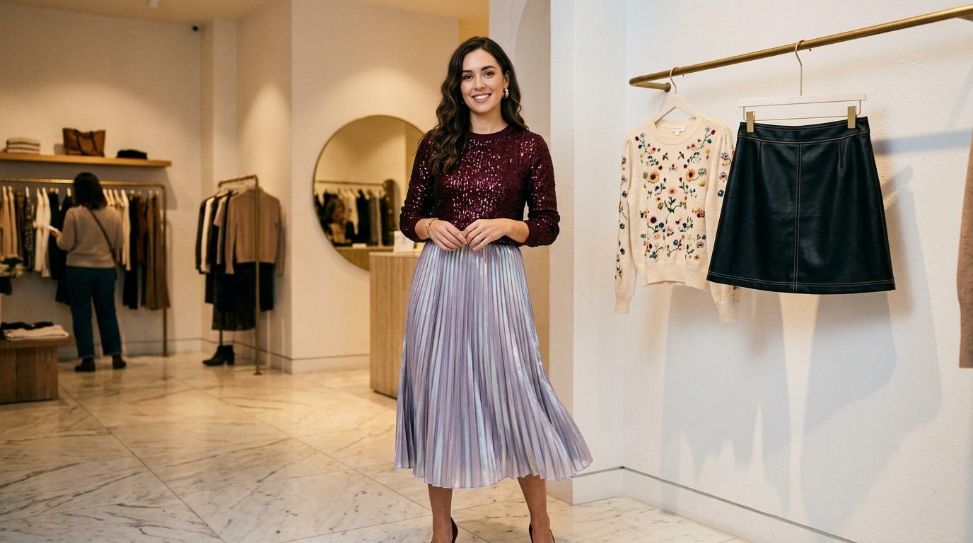 Jeune femme souriante en jupe pliss&eacute;e mauve dans magasin v&ecirc;tements