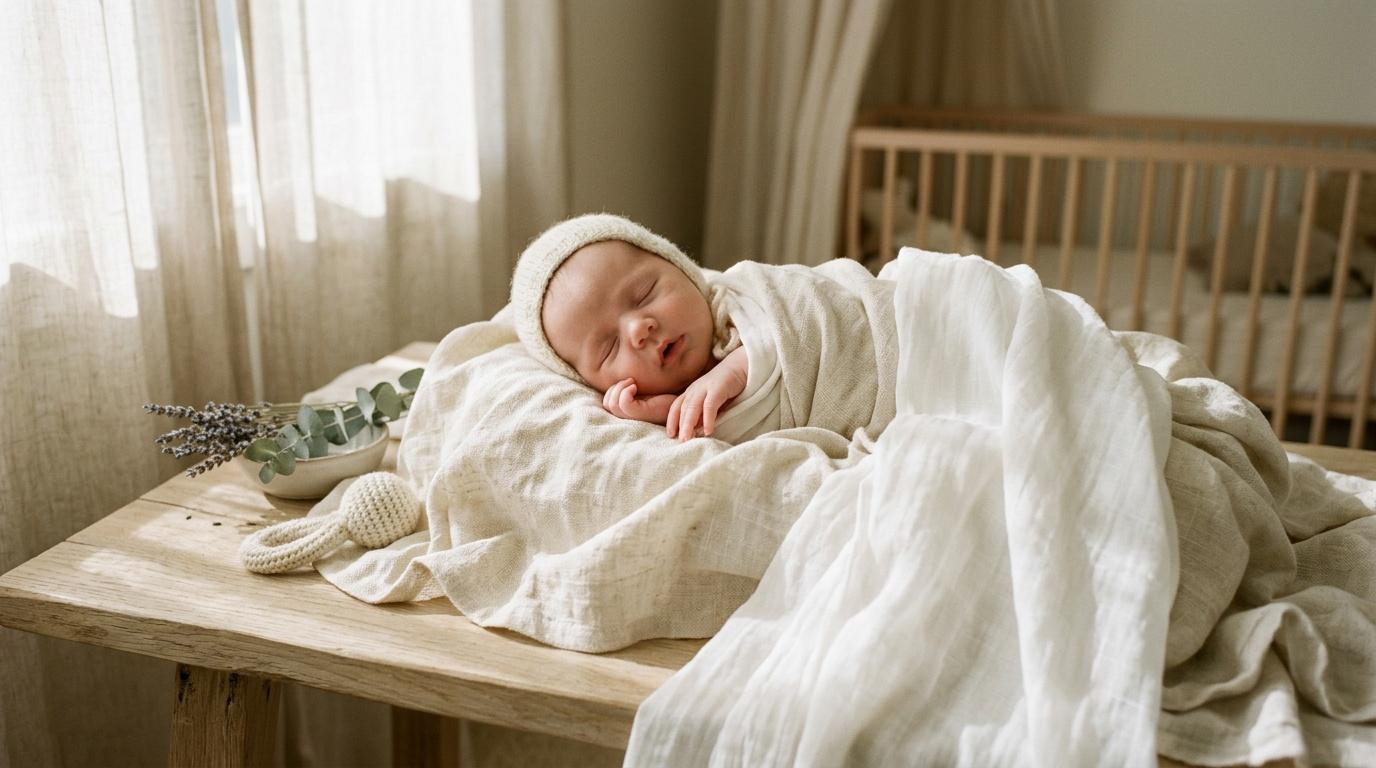 B&eacute;b&eacute; nouveau-n&eacute; dormant paisiblement envelopp&eacute; de tissus blancs