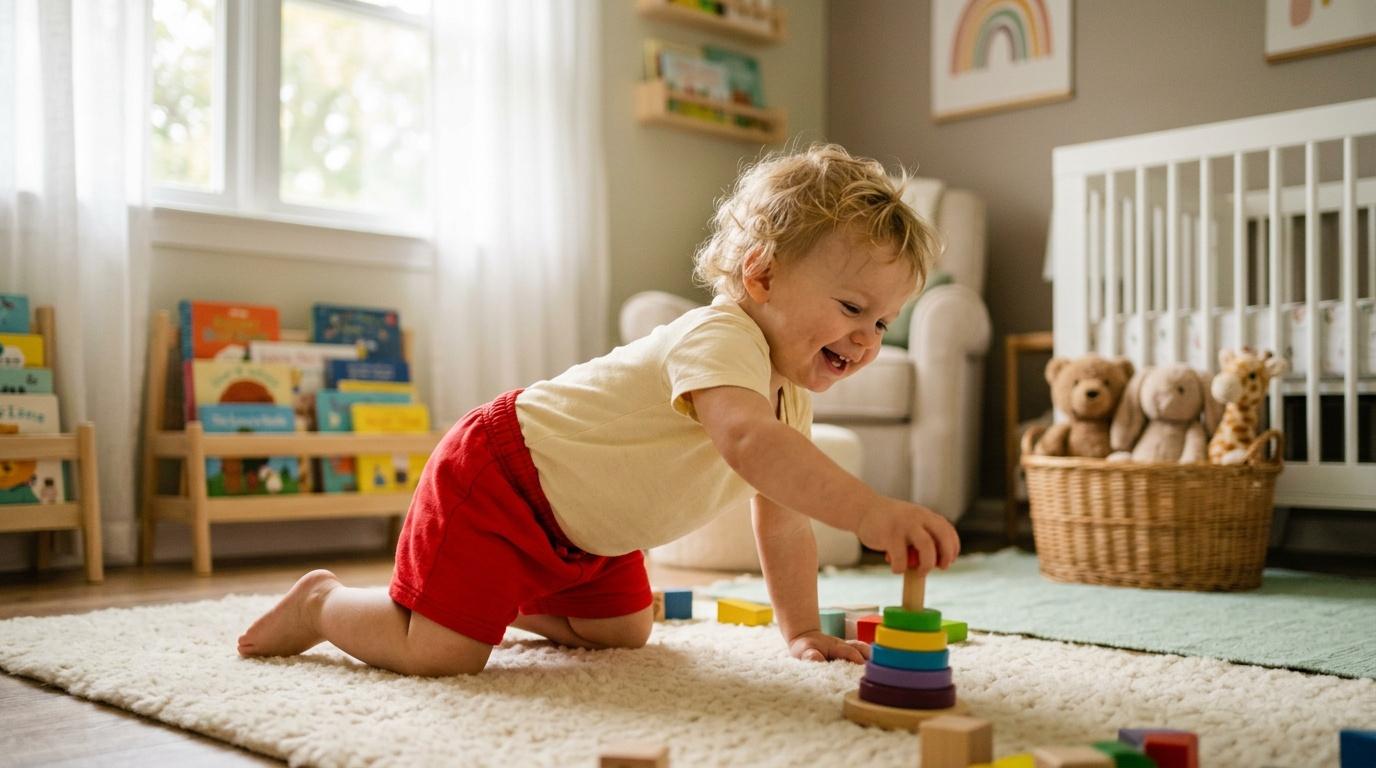 B&eacute;b&eacute; rampant avec un anneau color&eacute; dans une chambre d&eacute;cor&eacute;e