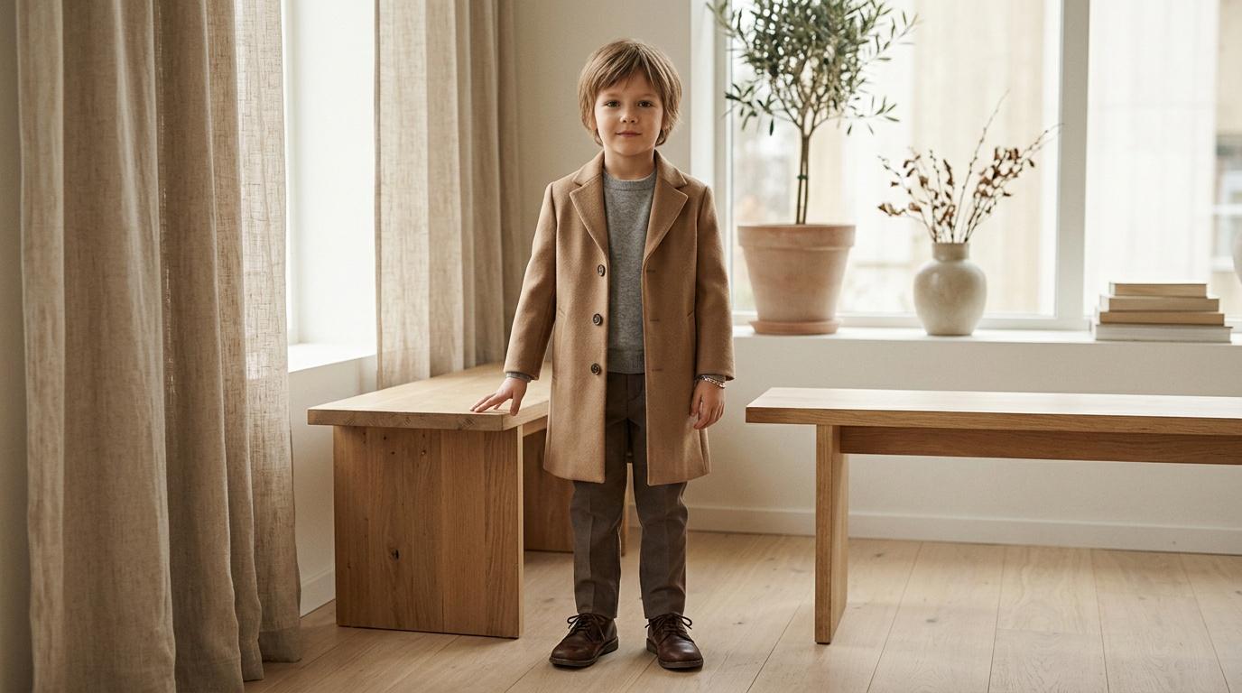 Jeune gar&ccedil;on en blazer beige posant dans salon lumineux