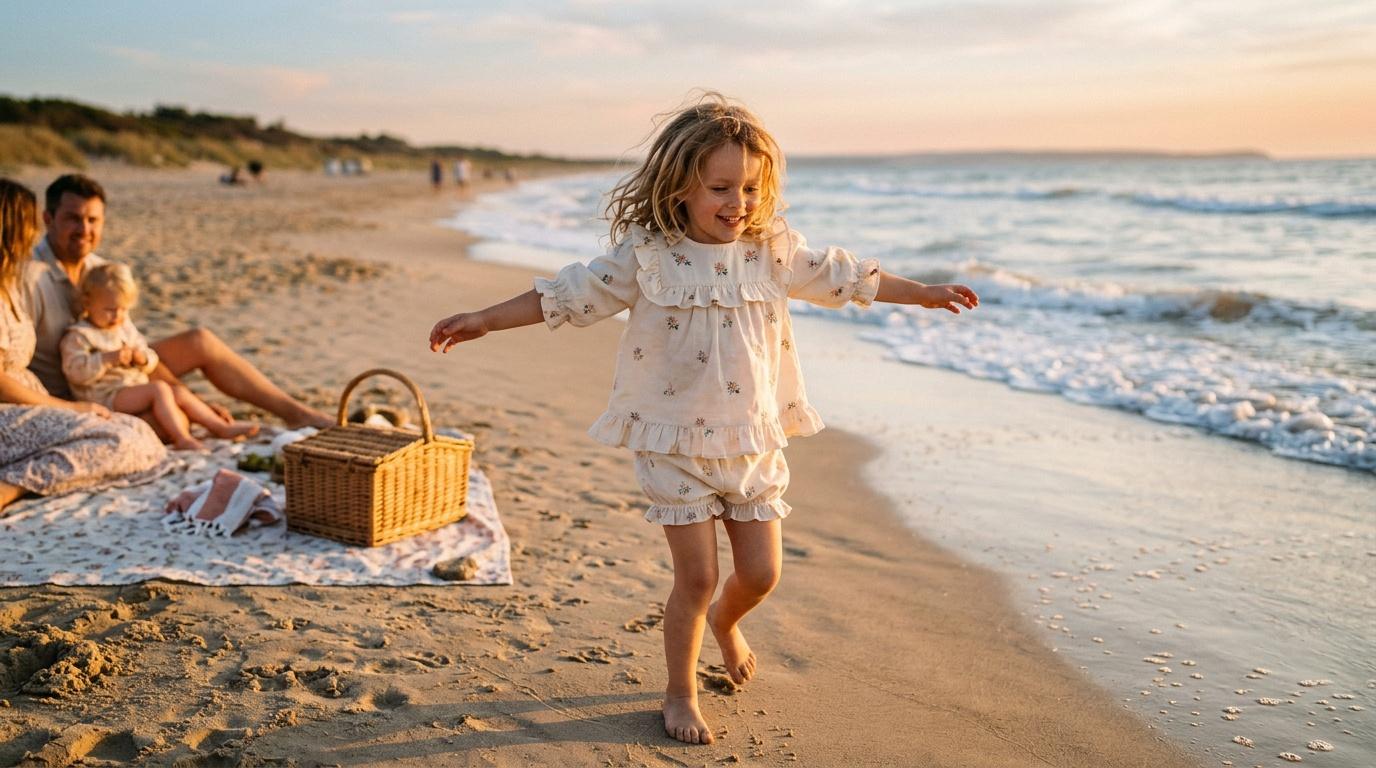 Petite fille court sur la plage en fin d'apr&egrave;s-midi
