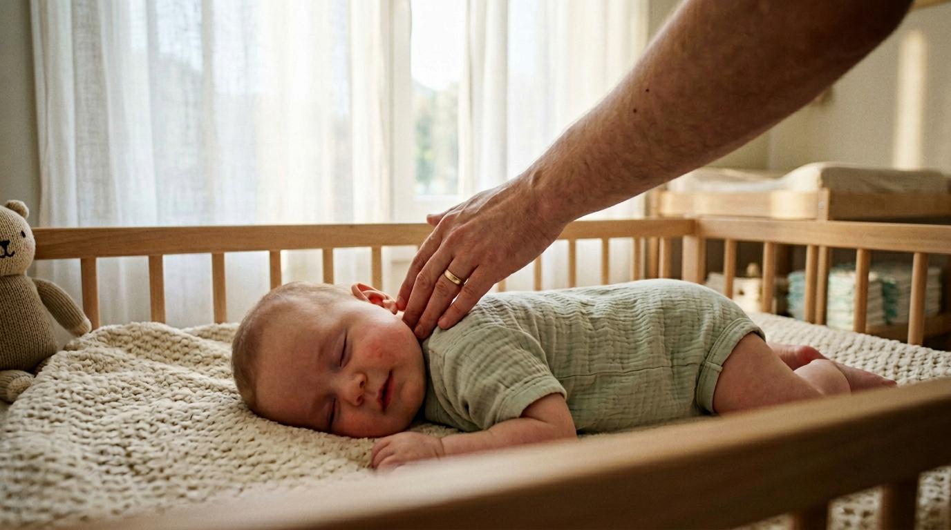 Un p&egrave;re caresse son b&eacute;b&eacute; endormi dans un berceau en bois