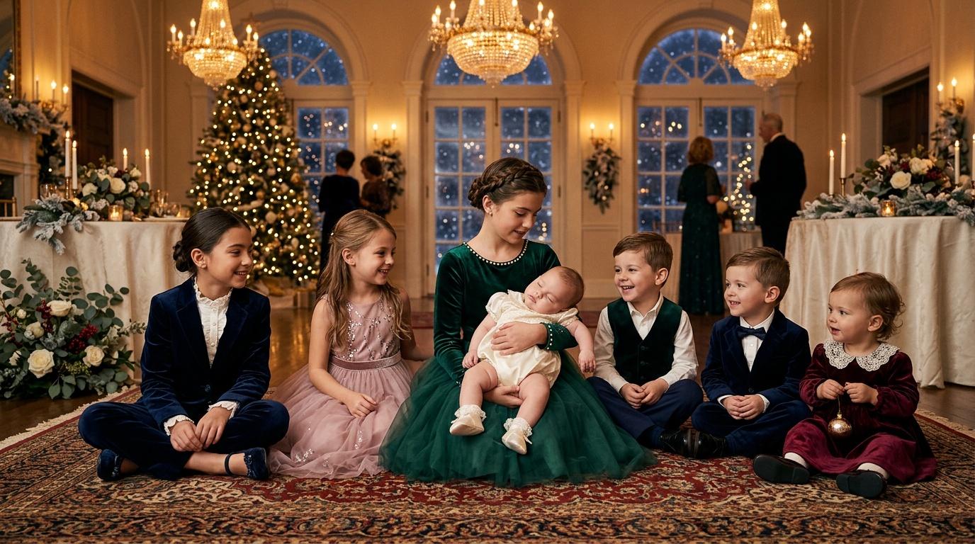 Enfants &eacute;l&eacute;gants posant dans un salon de No&euml;l illumin&eacute;