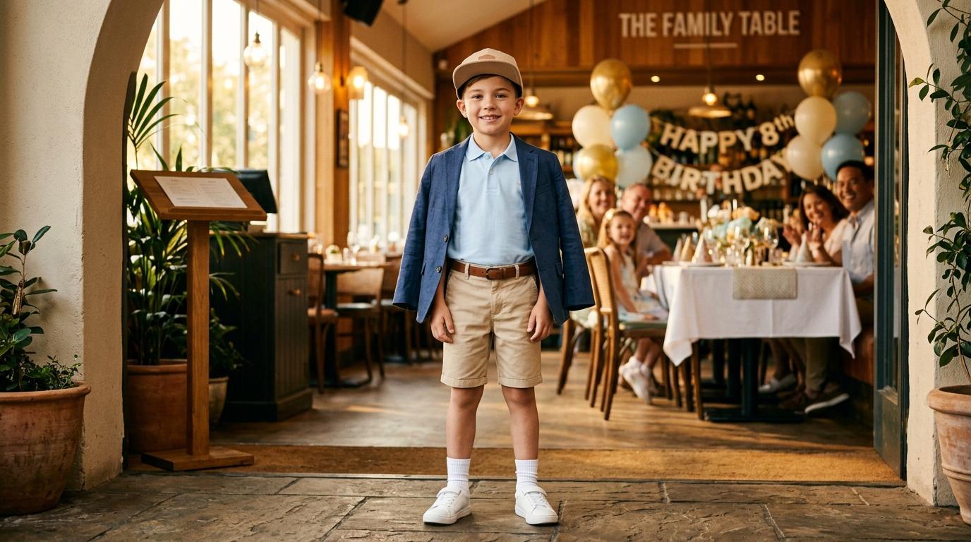 Jeune gar&ccedil;on souriant devant restaurant d&eacute;coration f&ecirc;te anniversaire