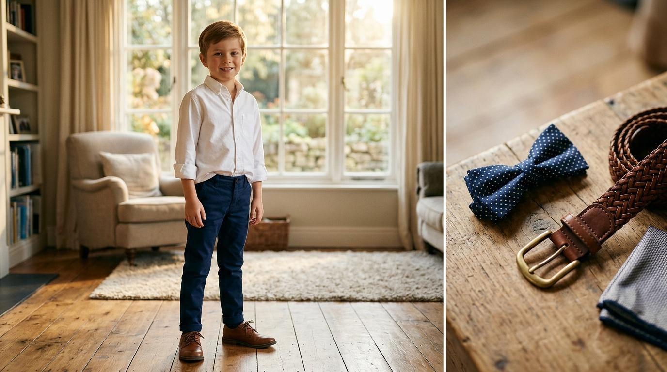 Enfant souriant portant chemise blanche et pantalon bleu marine