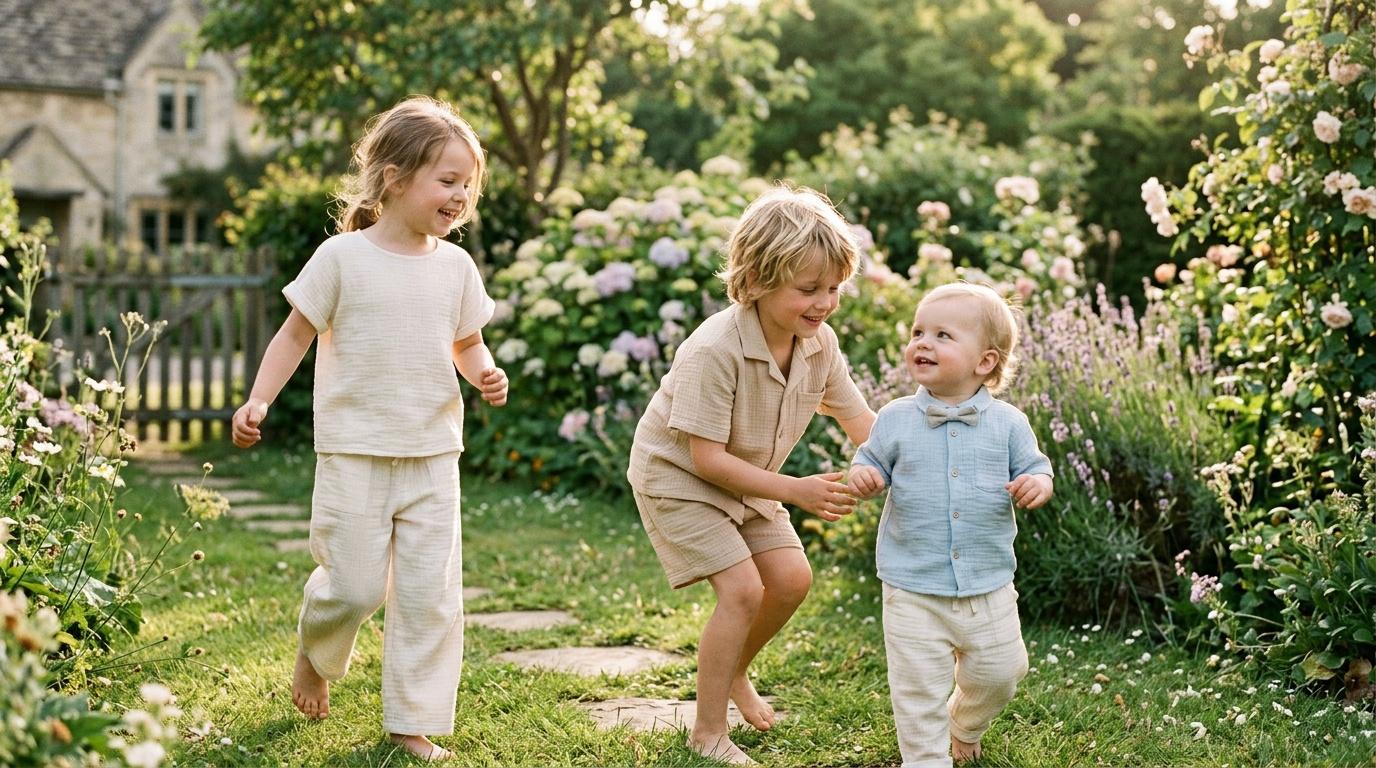 Trois enfants courent joyeusement dans un jardin fleuri.