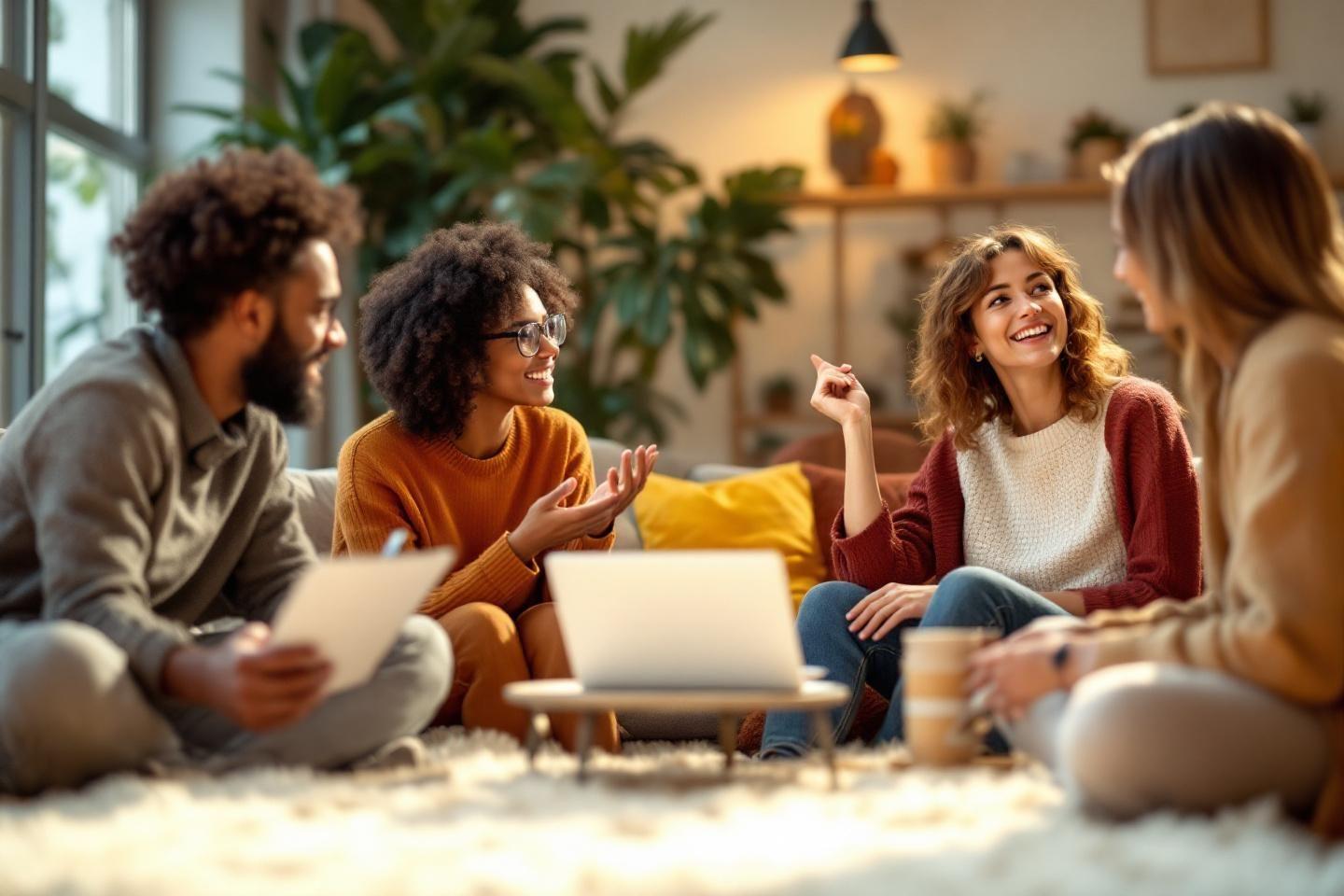 Groupe d'amis conversant joyeusement dans un int&eacute;rieur chaleureux