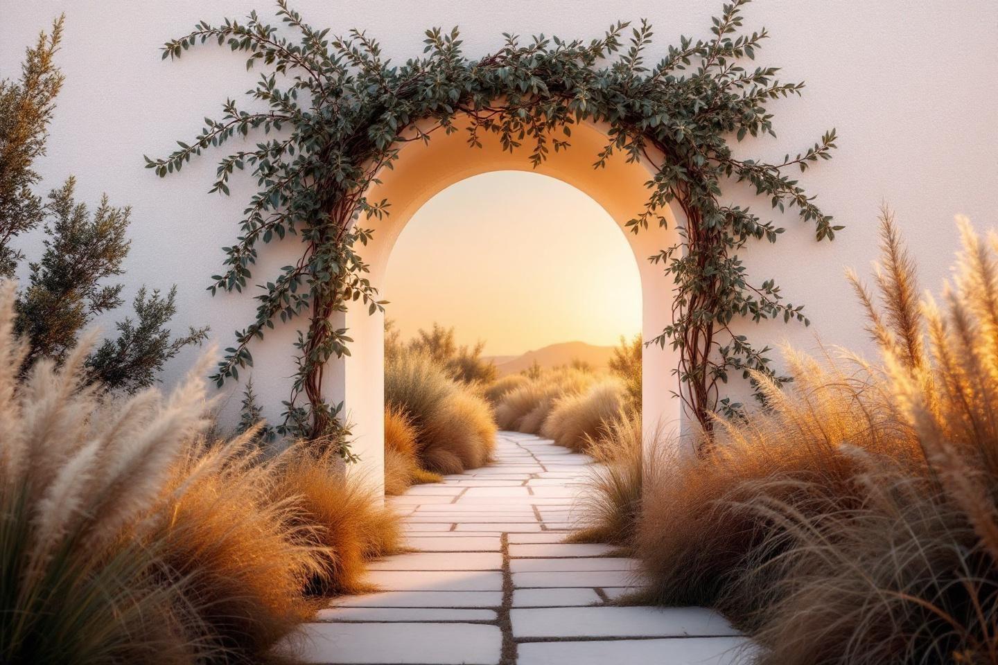 Sentier pav&eacute; traversant un arc v&eacute;g&eacute;tal au coucher de soleil