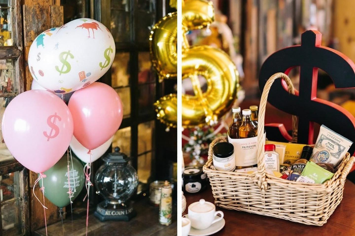 Ballons décorés de dollars à côté d'un panier garni