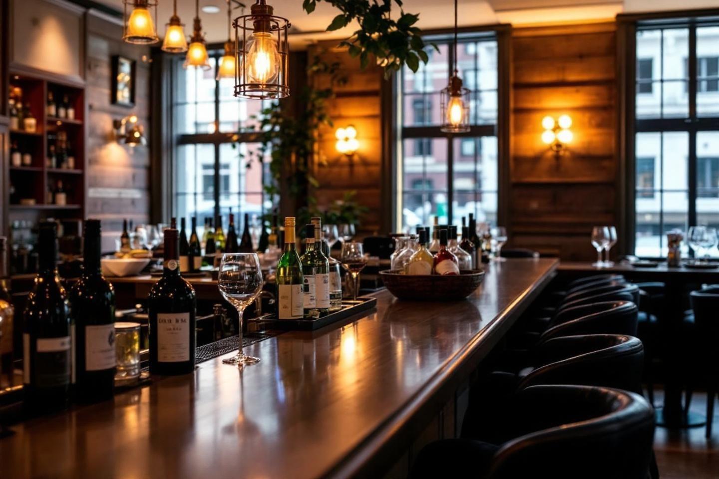 Comptoir de bar en bois avec bouteilles et verres suspendus