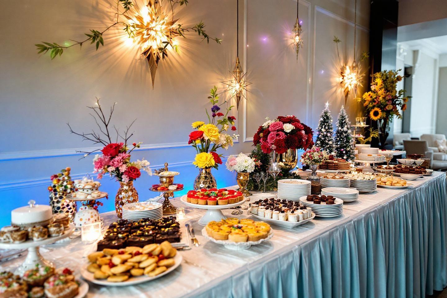 Table de desserts variés avec décorations florales et luminaires