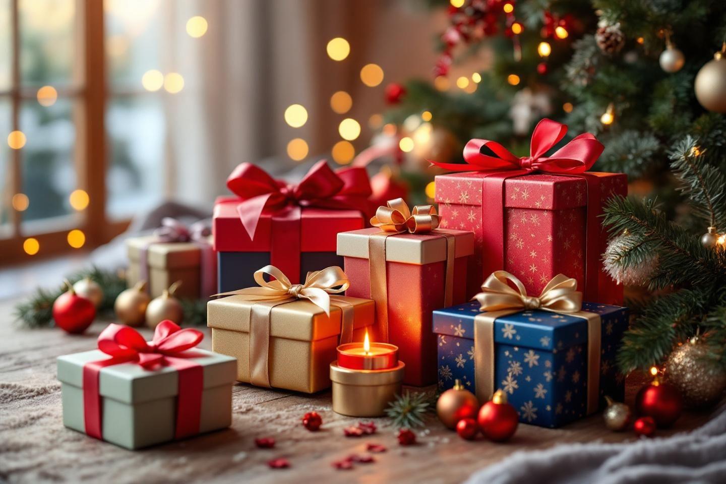Boîtes-cadeaux colorées avec rubans, bougie et sapin de Noël