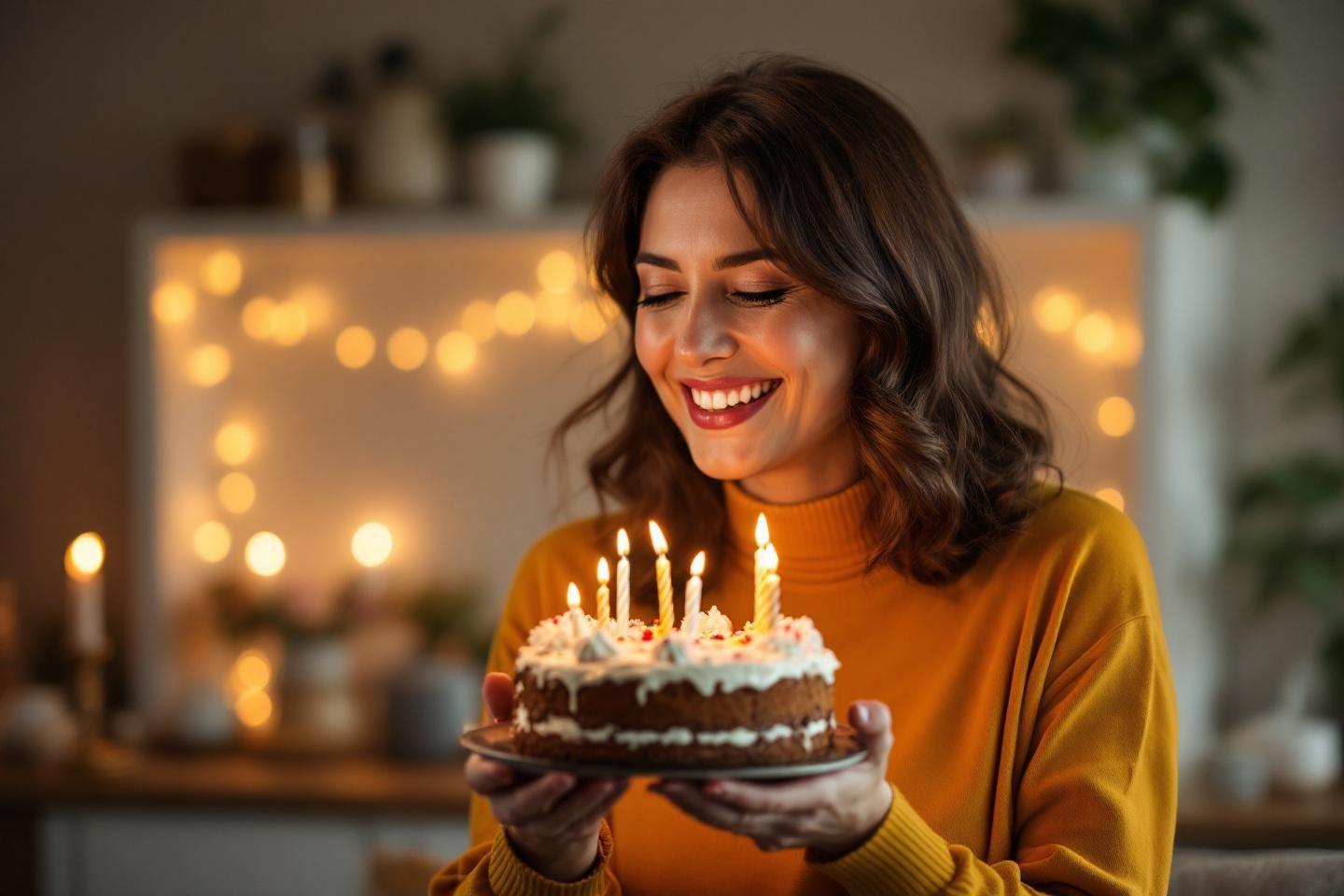Femme souriante tenant un gâteau d'anniversaire avec des bougies allumées