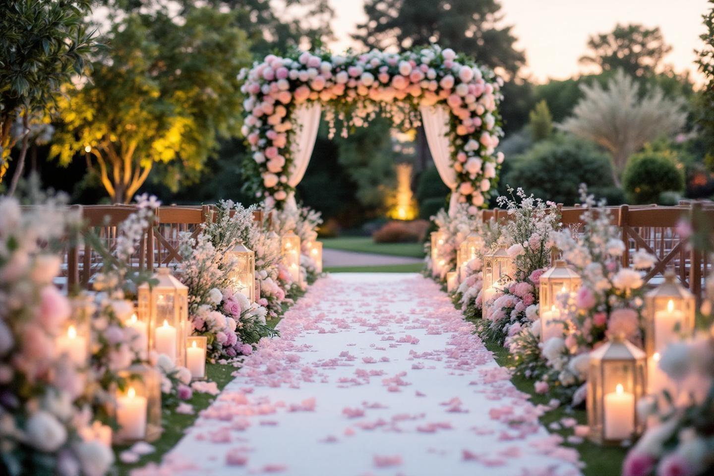 All&eacute;e fleurie avec arche de roses et bougies